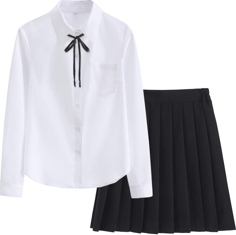 Japanese school uniform JK short-sleeve LOOSE shirt Japan orthodoxy shirt cute POINT SHARP collar pleated skirt SET: BLACK LONG SLEEVE / XS
