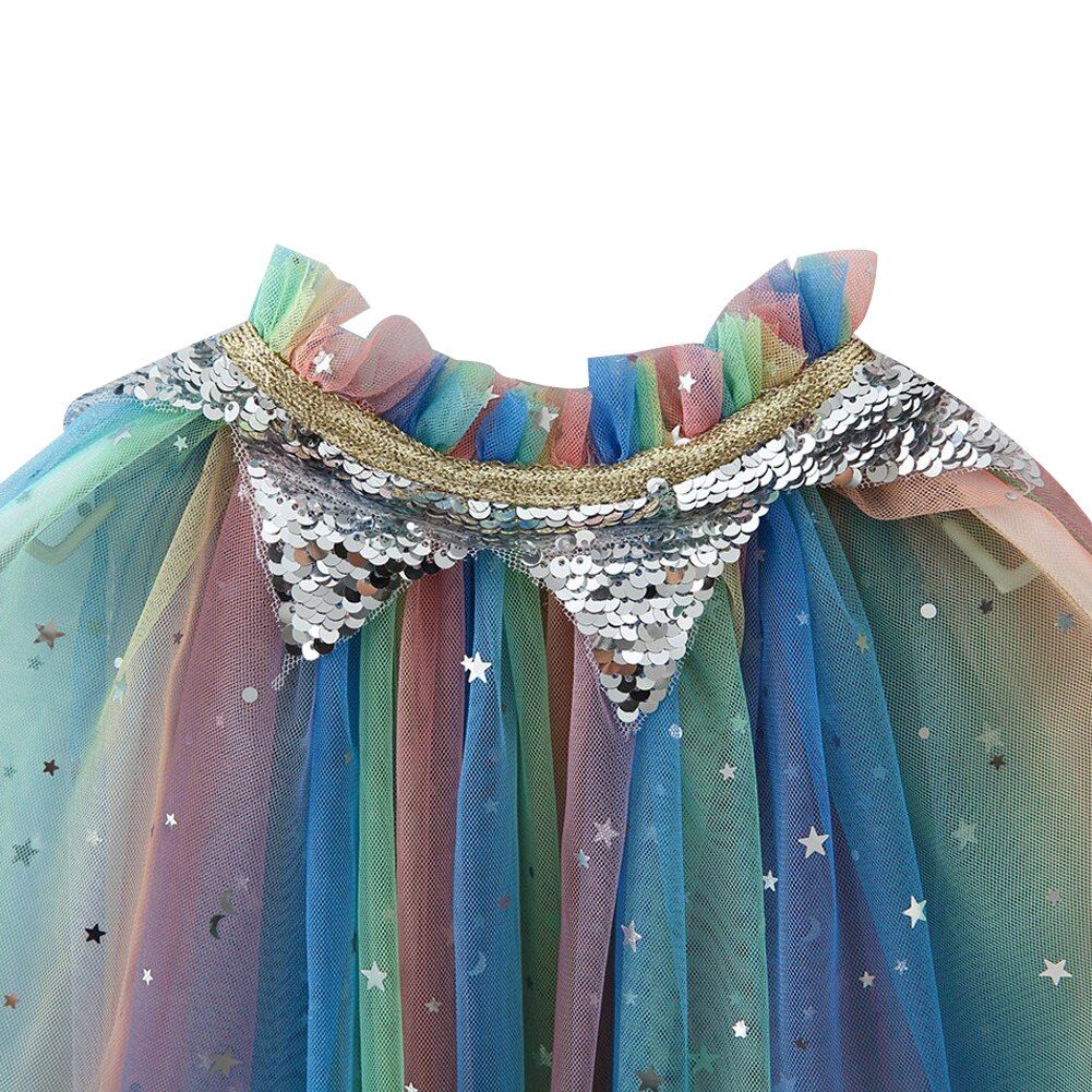 Girl’s Summer Gauze Double-Breasted Lace-Up Princess Cloak with Shinny Star Moon Patterns for Pantomime Play