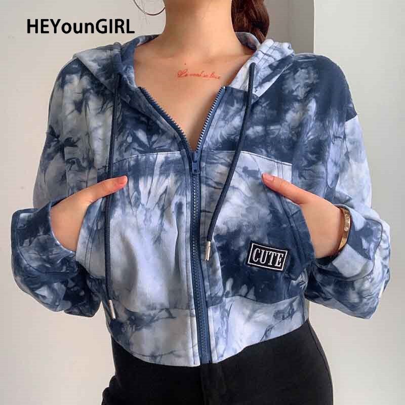 Heyoungirl efterårs tie dye print sweat cropped jakke kvinder harajuku casual langærmede frakker dame streetwear overfrakke