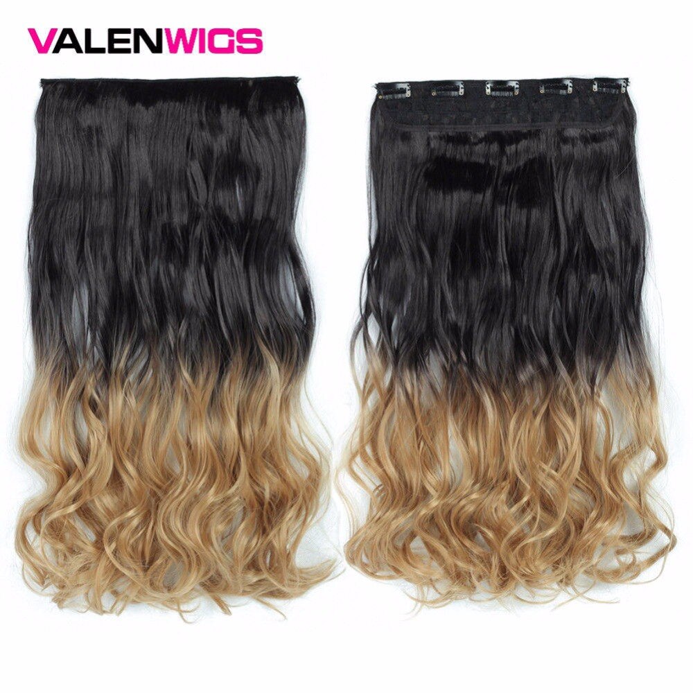 Valenwigs 22 '' lang bølget clip in on one piece syntetisk hair extensions ombre color 5 clips one piece krøllet frisure til kvinder