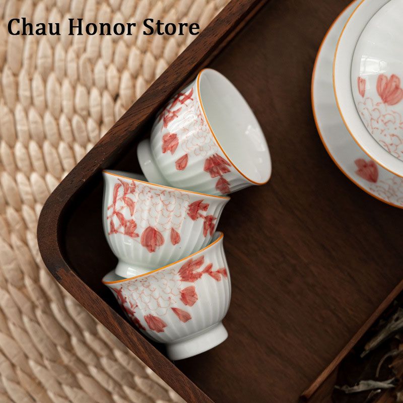 Taza de té pintada a mano, taza individual de hortensia, Kung Fu, taza de té Personal, tazón Maestro de cerámica especial, para el hogar, 2 unids/set por juego