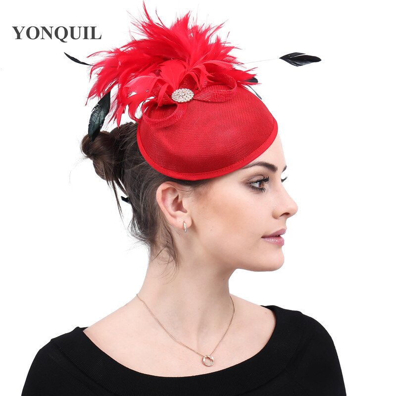 Imitation sinamay wedding bride hat red fascinators for women party dinner headpiece with hair aclip bridal headwear