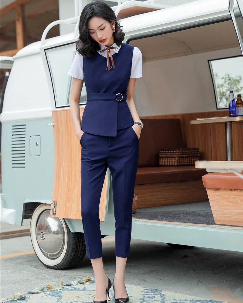 Formal Ladies Black Waistcoat &Vest Women Business Suits with Pant and Top Set Work Wear Office Uniform Styles: Navy Blue / L