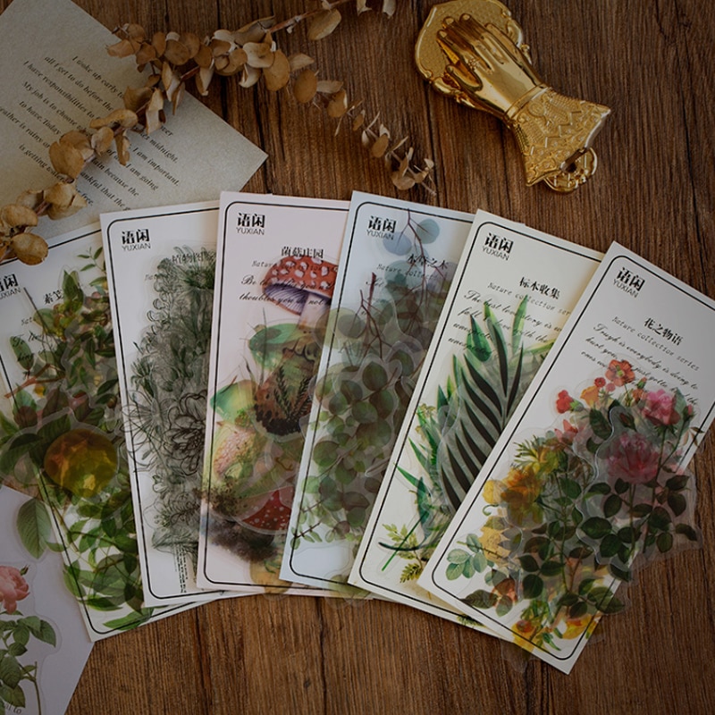 40 unids/bolsa de pegatinas de papel para decoración de plantas y flores naturales, pegatinas para decoración de álbumes de recortes