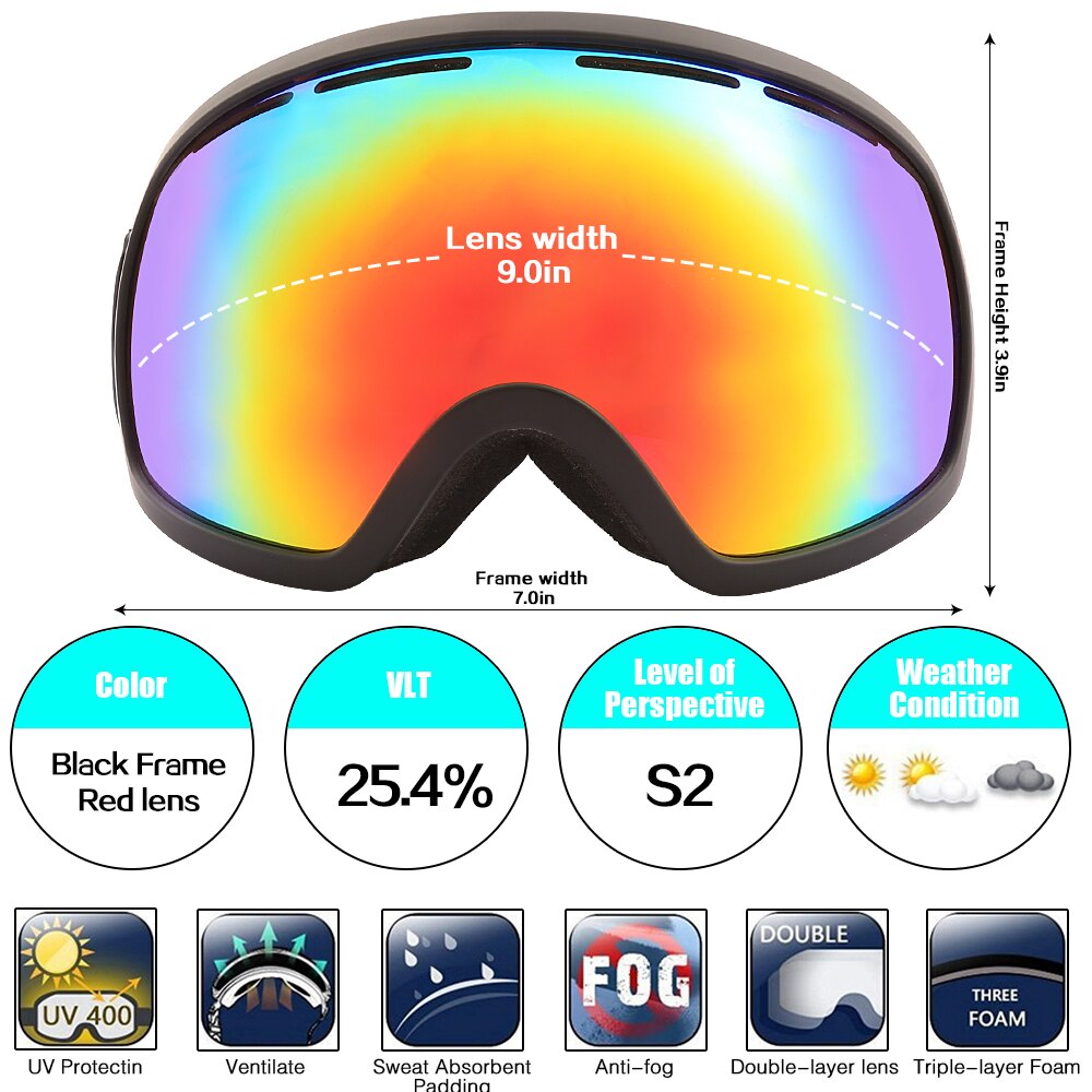 Jiepolly heren dames skibril met grote visie, dubbele lens, snowboard,  uv400 beschermingsbrillen met anticondensfunctie, skibrillen: Zwart montuur rode lens