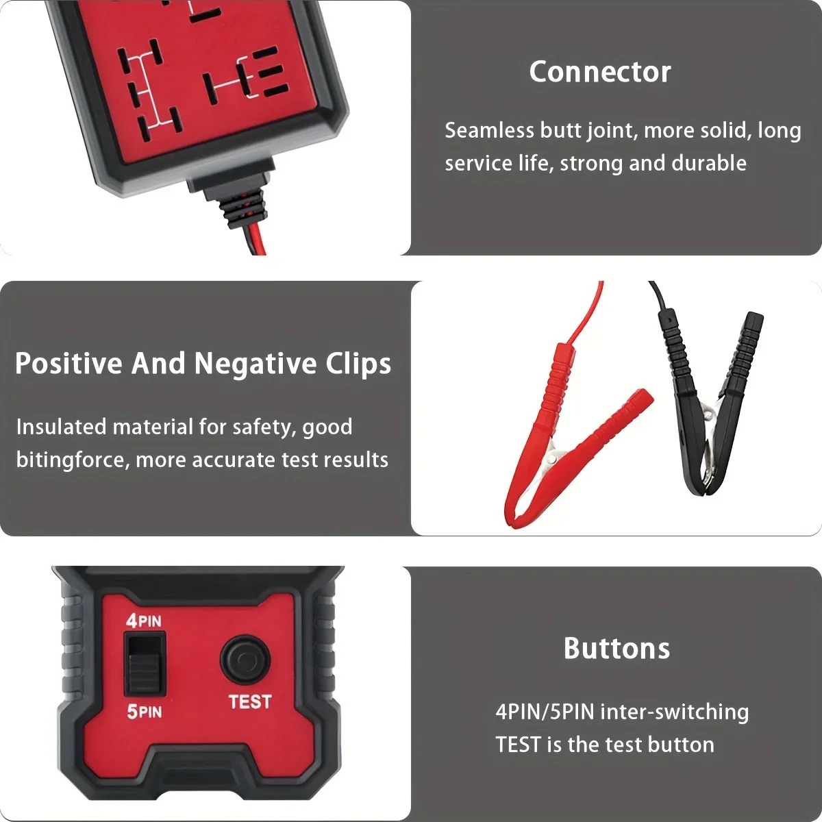 Auto Relay Tester for 12V - Durable Car Diagnostic Tool with Battery Clips, Fits 4-Pin & 5-Pin Relays