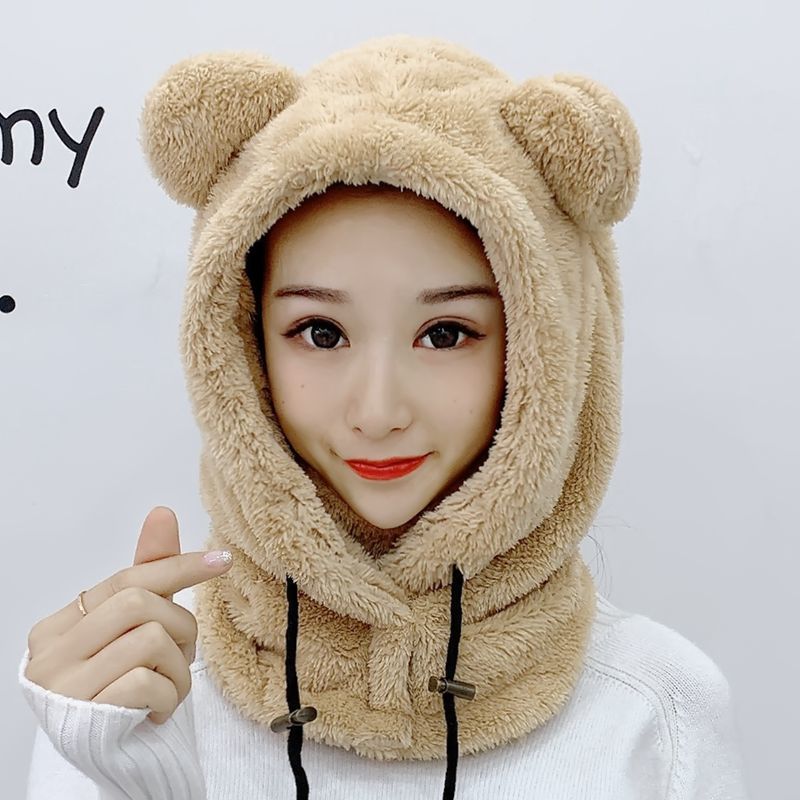 Winter Cute Selling Cute Bear Ears Warm Hat Windproof Neck Scarf Cap Student Women Children Plus Cashmere Cap: adult khaki