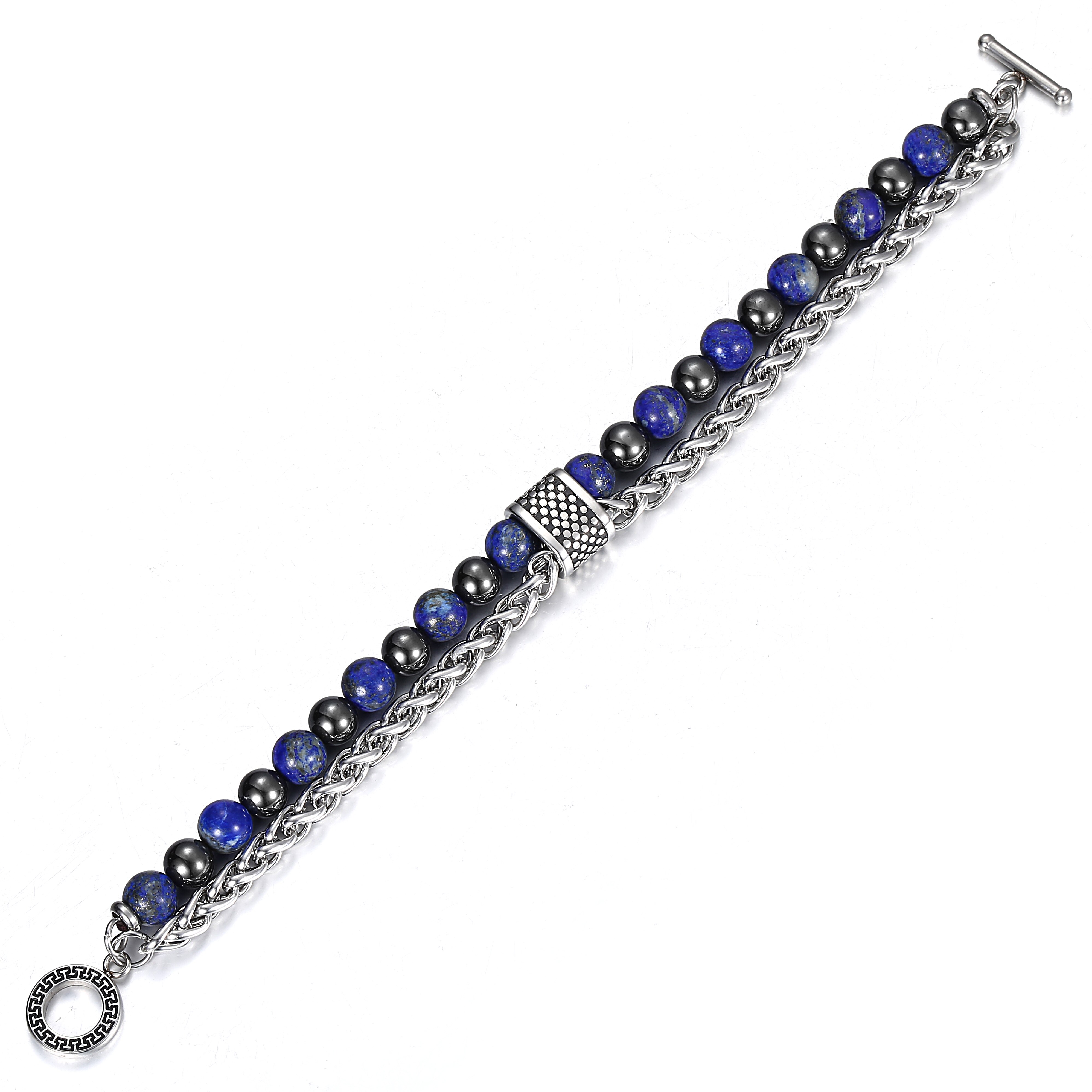 8 Mm Dubbele Lagen Steen Kralen Armband Voor Mannen Jongens Lapis Lazuli Hemitate Metalen Lava Steen Rvs Kabel Ketting TBX00109