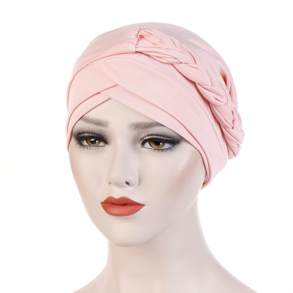 Vrouwen Dames Moslim Haaruitval Stretch Tulband Caps Kanker Chemo Hoed Effen Kleur Braid Head Sjaal Beanie Bonnet: Pink
