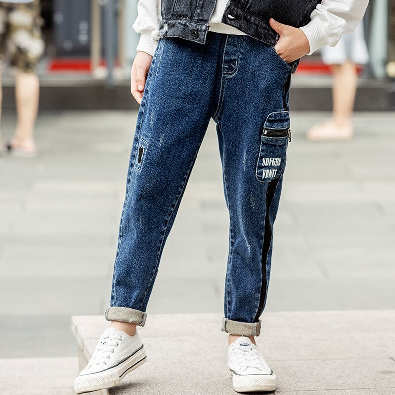 Boys Jeans Boys Pockets Patchwork Stripe Cowboy Pants for Boy Kids Denim Harem Pants Mid Waist Jeans Children 4-14Y