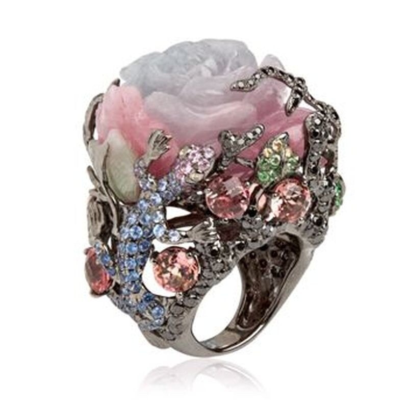 Rosa Fiore Albero Anelli dell'annata per Le Donne retrò Zircone Anello Dei Monili Anello Nero Femmina Commercio tutto'ingrosso Etnico Anelli Delle Signore Delle Donne Boho
