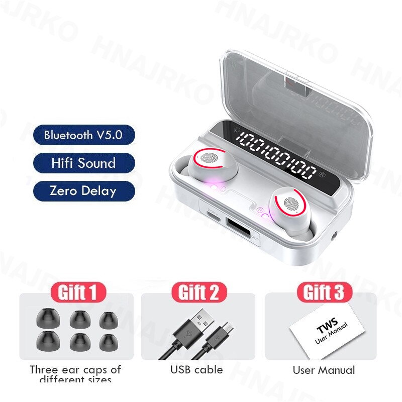 Bluetooth-oortelefoons, 2000 mah, draadloze hoofdtelefoon met microfoon, waterdichte sportoordopjes, mini-zaklamp, oordopjes met touchbediening.: Wit