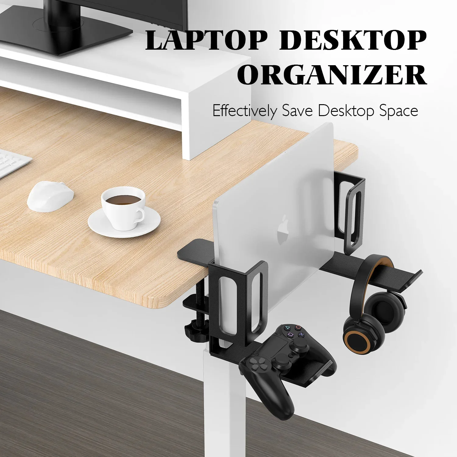 Vertical Laptop Stand, No Drill Desk Side Laptop Stand Organizer Adjustable Laptop Holder Desk Clamp on,Side Desk Holder Shelf