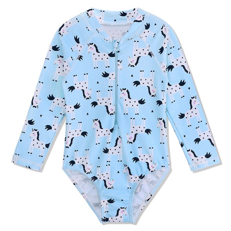 BAOHULU One Piece Long Sleeve Girls Swimwear Kids Butterfly Print Bodysuit UV 50+ Sun Protection Beachwear with Ziper: S294 UnicornBlue / 104 to 110 cm