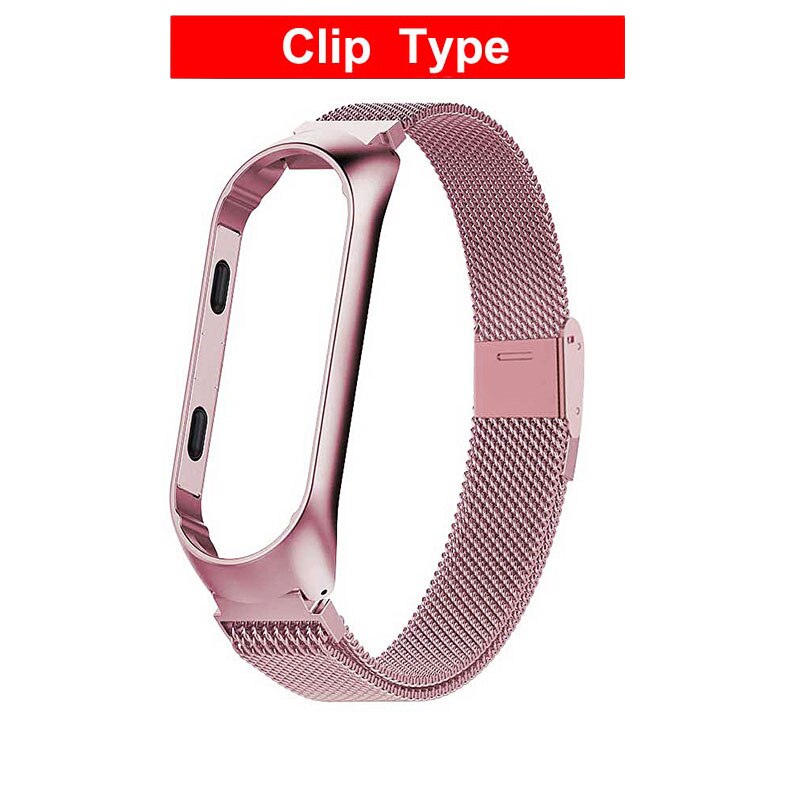 Rvs Pols Bandjes Voor Xiao Mi Mi Band 3 4 Metalen Horloge Band Smart Armband Voor Mi Band 4 3 Riem Vervangbare Horloge Bandjes: Rose Clip Type