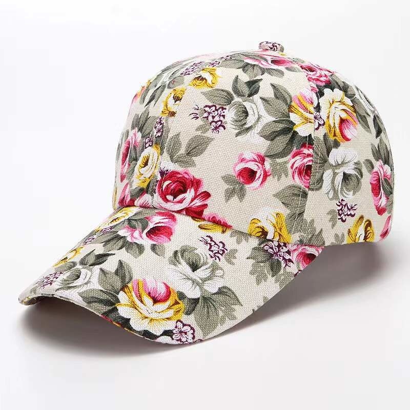 Women's Baseball Colorful Flower Printed Woman Accessori Baseball Cap Cotton Sunshade Outdoor Snapback: Beige