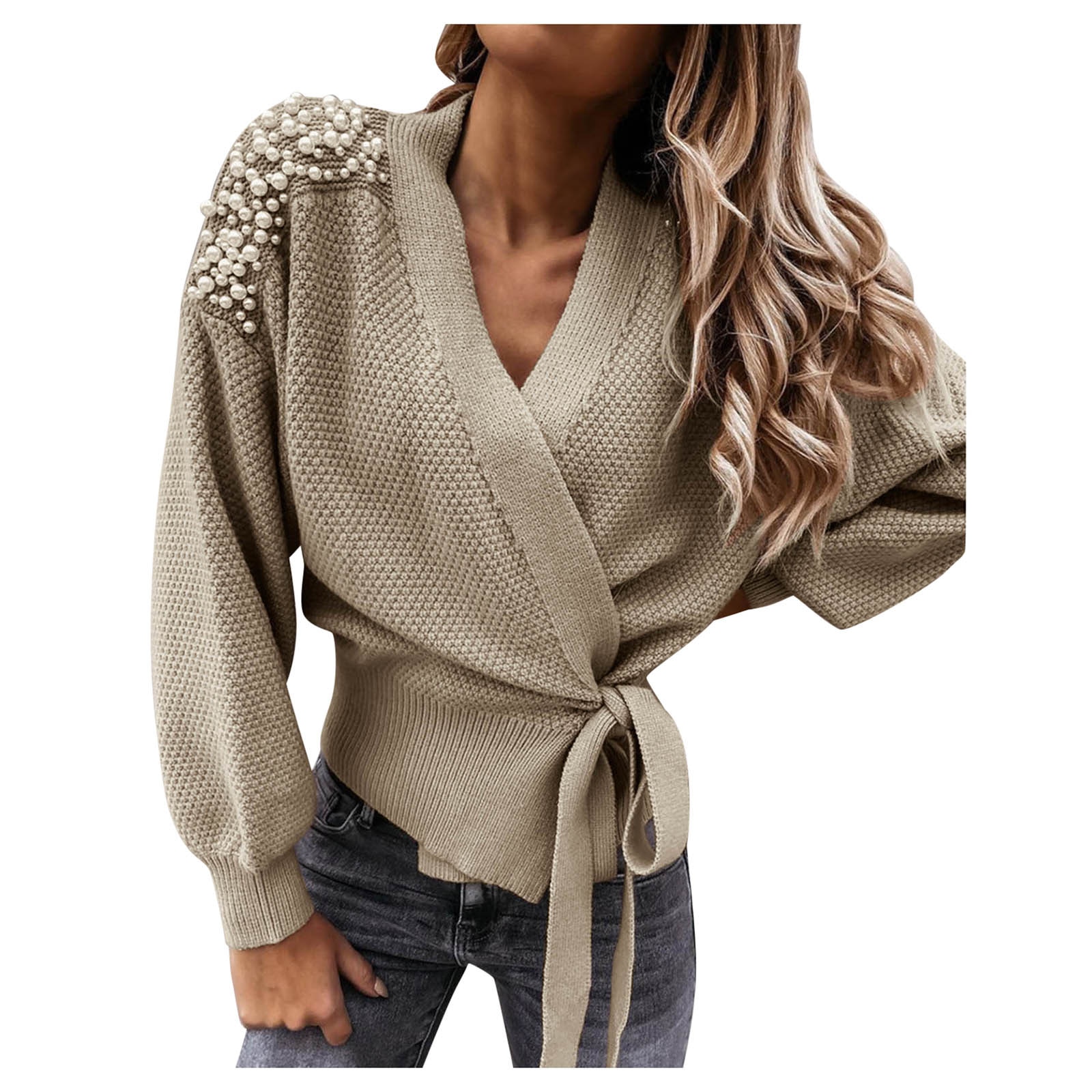 Ladies Autumn Winter Knitted Jacket Long Sleeve V-neck Bowknot Pearl Pure Color Waist Knit Cardigan Sweater Cardigans #s5