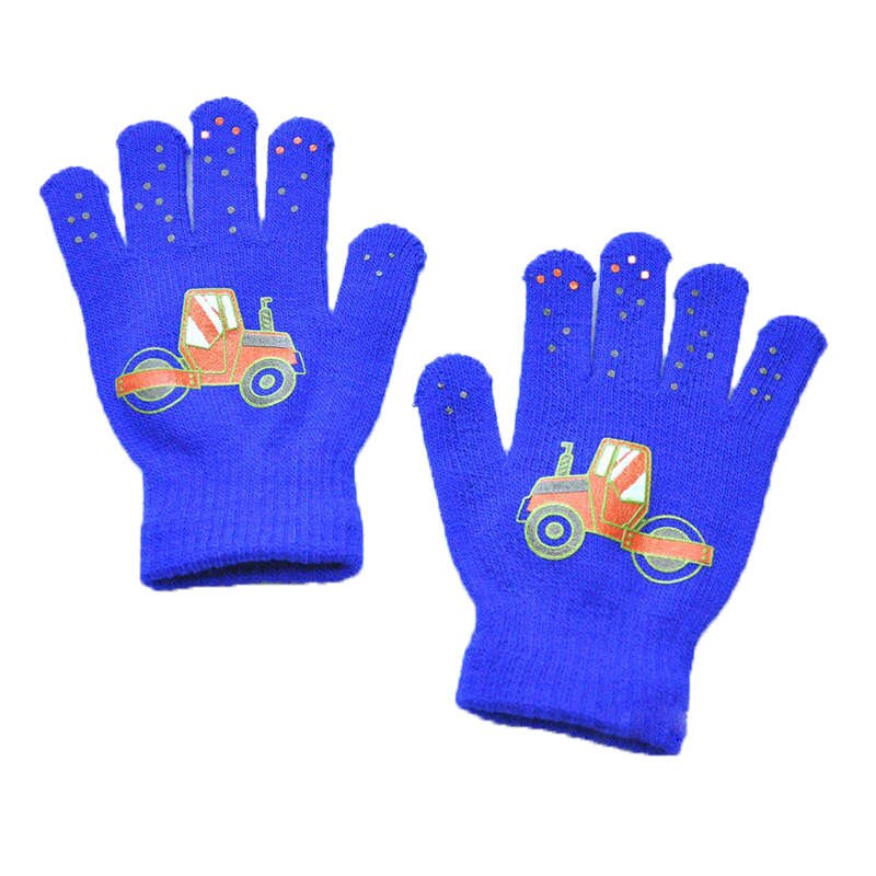 Warmom 6-12Y Children Winter Cold And Warm Outdoor Sports Knitted Gloves Small Engineering Vehicle Pattern Printing Gloves: Blue