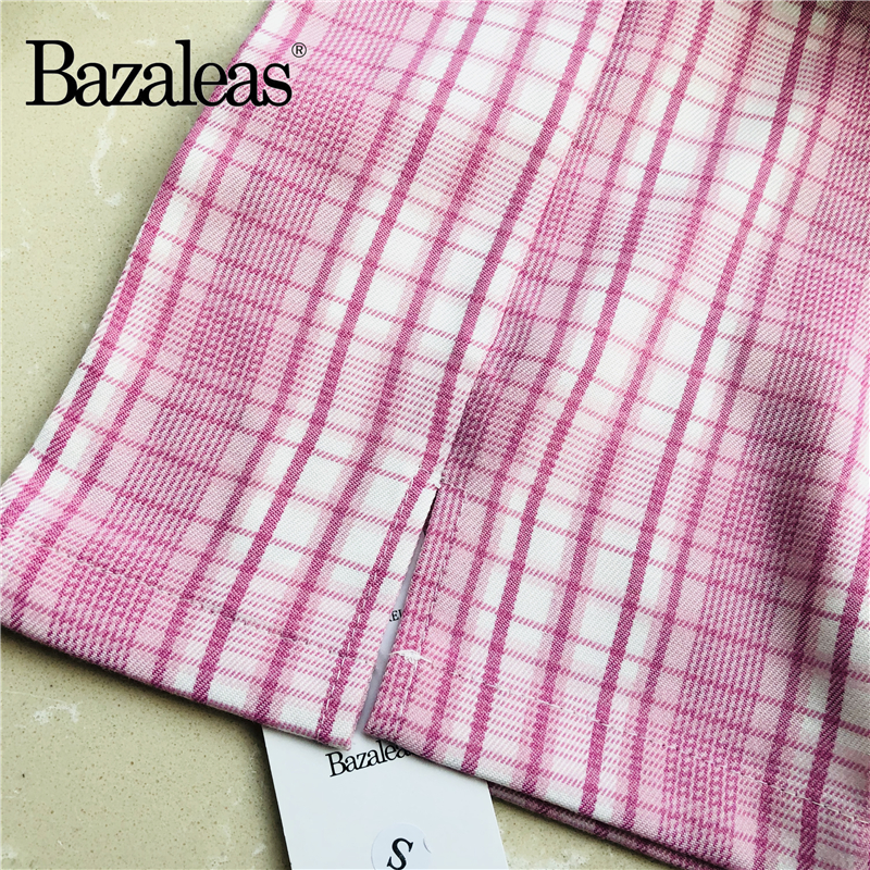 Bazaleas-jupe à carreaux, Mini jupe Tartan blanc rose fendue pour femmes