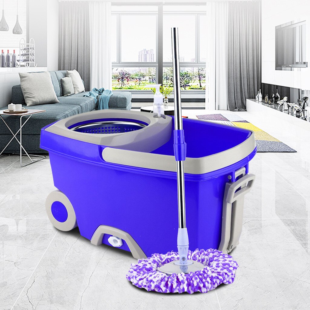 Upgraded Stainless Steel Microfiber 360 Rotating Mop And Bucket Kit Floor Clean Hands-free Spin Mop Bucket Set #C: Blue