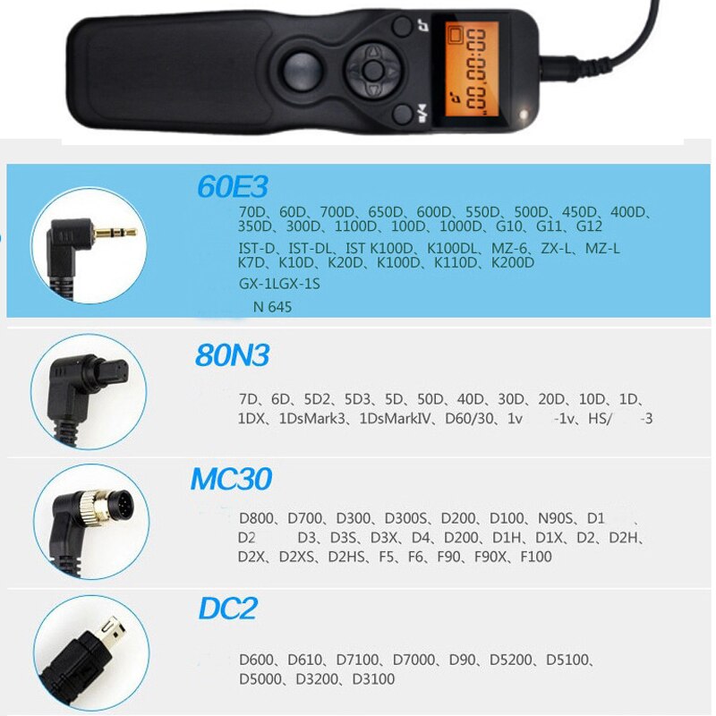 MC30 DC2 60E3 80N3 cavo di controllo rilascio otturatore remoto per Canon Nikon