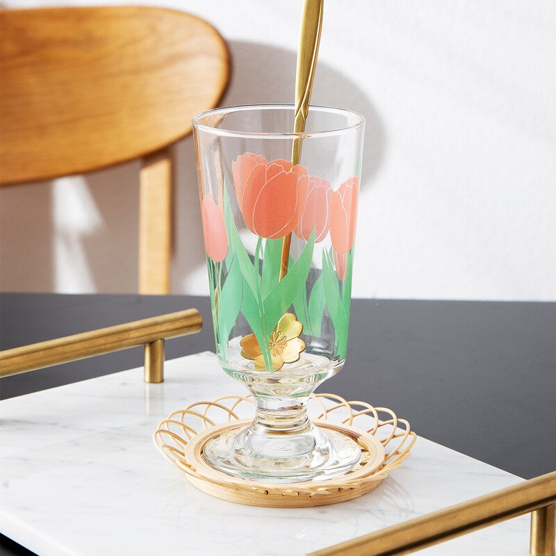 Ins Netto Rood Goud Velg Kleine Daisy Retro Beker Koreaanse Bloem Tulp Glas Korte Rode Wijn Water Drinkware Champagne Wijn