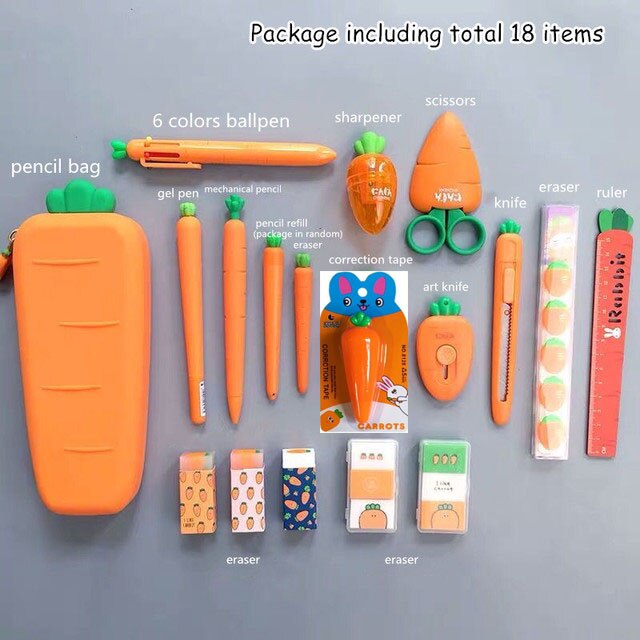 Sharkbang gulerod serie silikone blødt penalhus penneholder organizer taske kawaii brevpapir sæt børnefødselsdag: Gulerodsserie sæt  a2