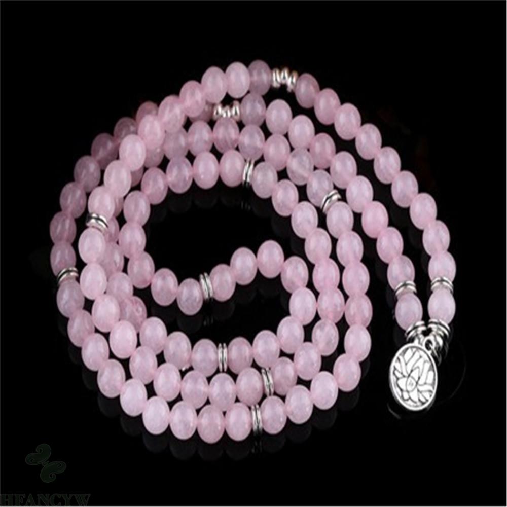 8mm Pink Crystal 108 Bead Lotus Pendant Stretch Bracelet Pray Bless Lucky Classic Meditation Wristband Wrist