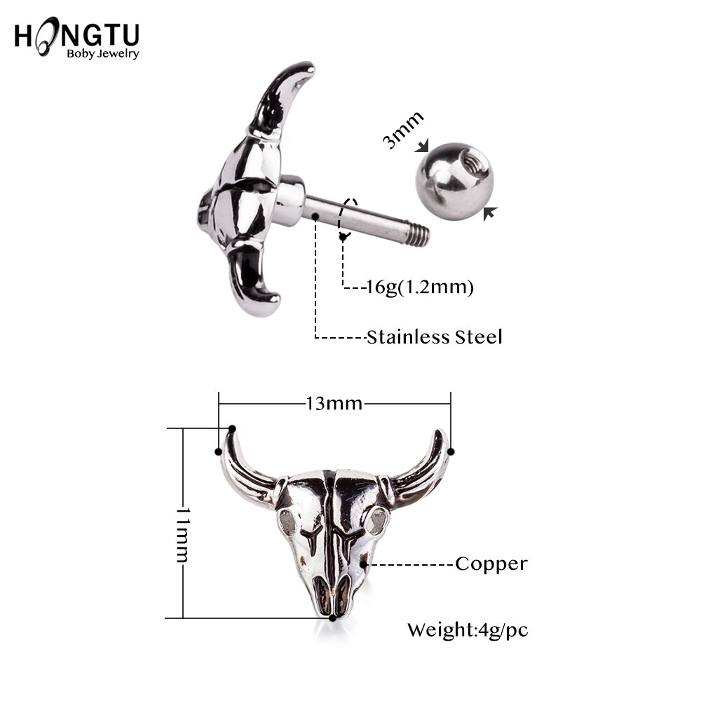 HONGTU 1 PC bull Cartilage Earring Stud Ear Helix Piercing Jewelry Tragus Copper Earrings Stud women men body Jewelry 16g