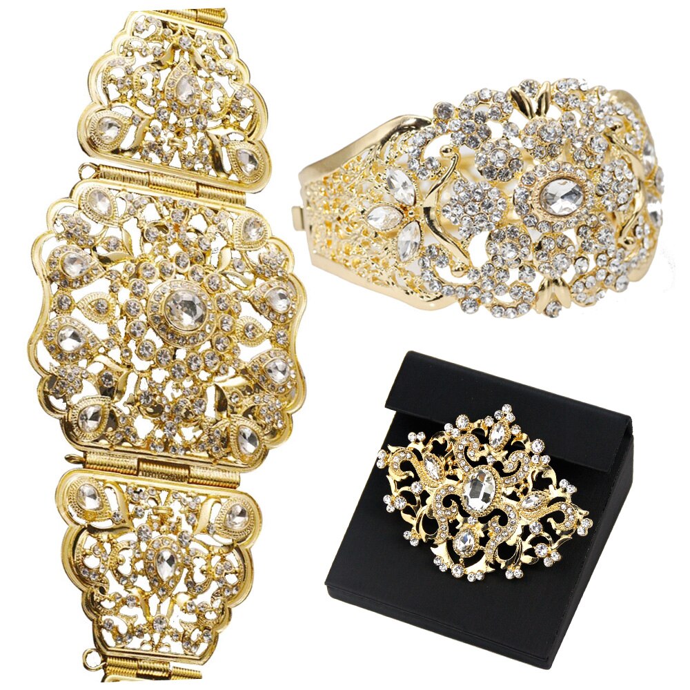 Sunspicems – ensemble de bracelets pour femmes, nouvelle ceinture Caftan couleur or, broche, Bijoux de mariage marocain algérien, cristal Dibai: 1290SETswhite