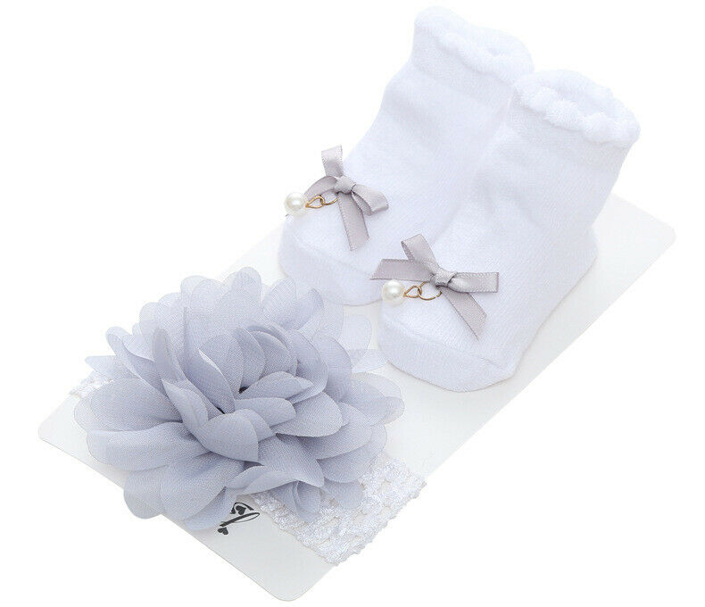 Newborn Solid Color Lace Baby Socks Bow Princess Cute Baby Socks+ Hair Band set