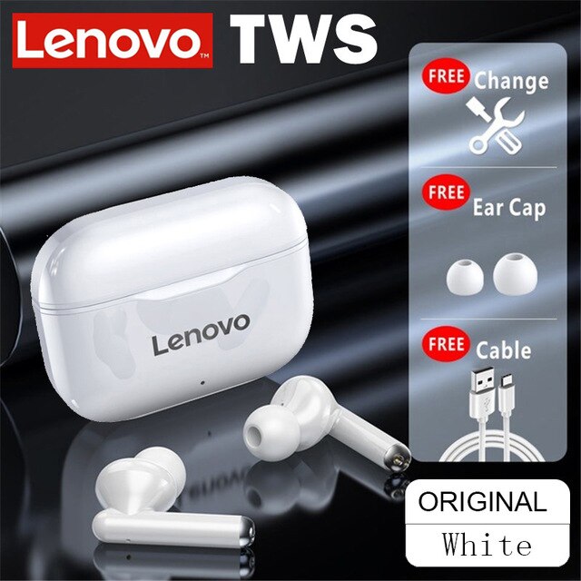 Lenovo-auriculares inalámbricos LP1 con TWS, cascos deportivos impermeables con Bluetooth 5,0, micrófono con cancelación de ruido, estéreo Dual, HIFI, bajos táctiles: white