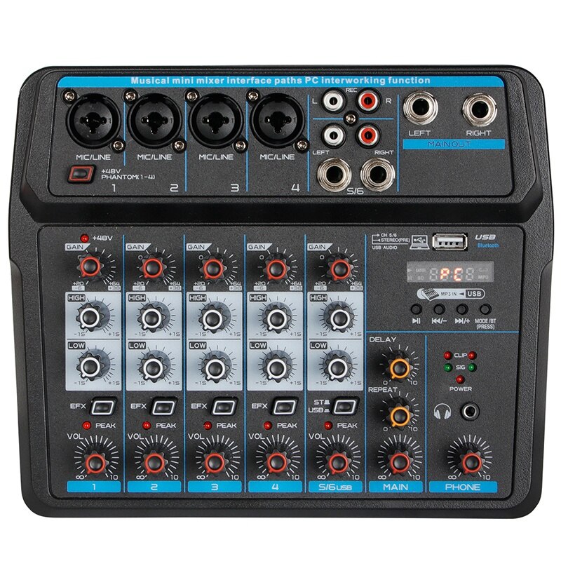 M -6 bærbar mini mixer o dj konsol med lydkort, usb , 48v phantom power til pc optagelse synger webcast fest (us plug): Default Title