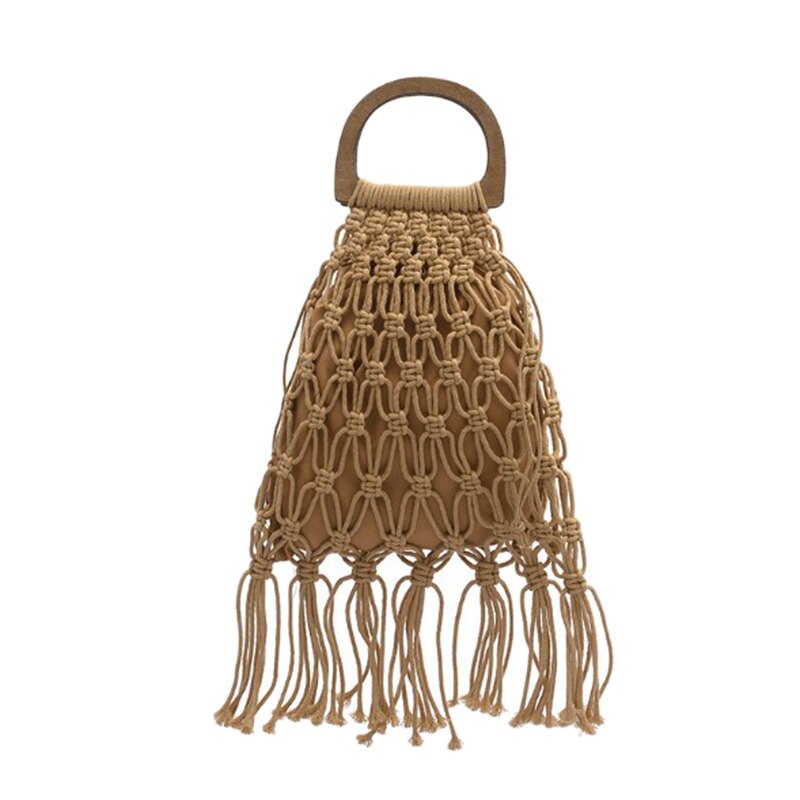 Sac tissé en bois Portable creux coton corde gland plage sac Net sac tricot sac à main: Dark khaki