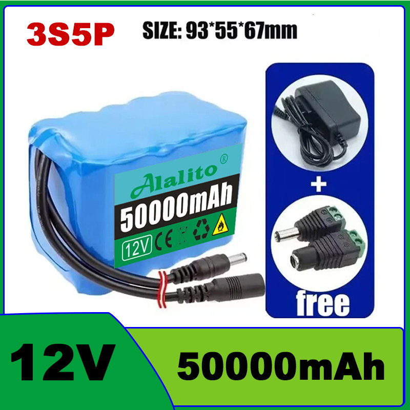 12 V 50 Ah 3s5p Akku 18650 Lithium-Ionen 12 V 20 Ah-50 Ah DC 12,6 V super große Kapazität wiederaufladbarer Akku mit BMS + Ladegerät