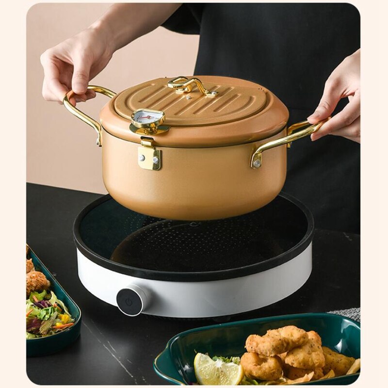 Olla para freír con tapa y termómetro, olla antiadherente de acero inoxidable para freír patatas fritas