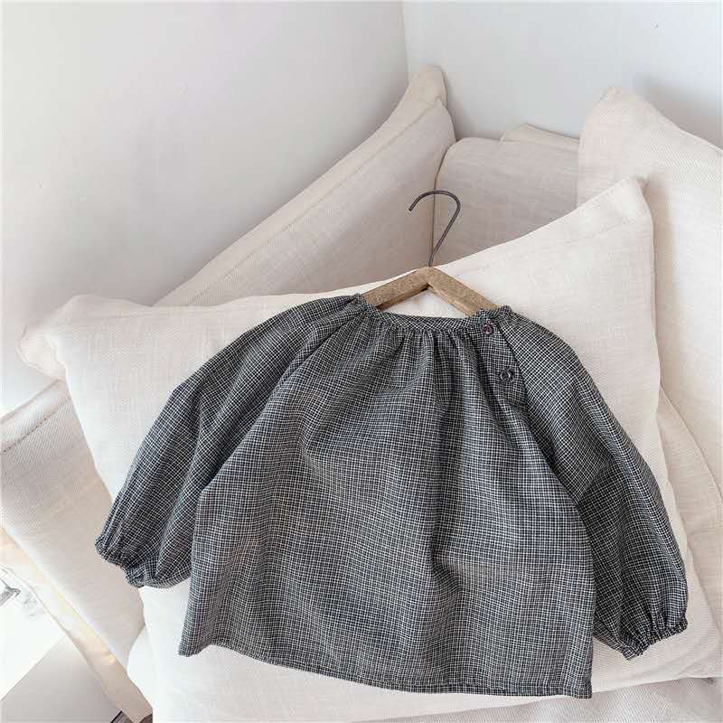 Kinderherfstproducten meisjes herfstkleding koreaanse stijl pofmouw geruit overhemd met lange mouwen overhemd