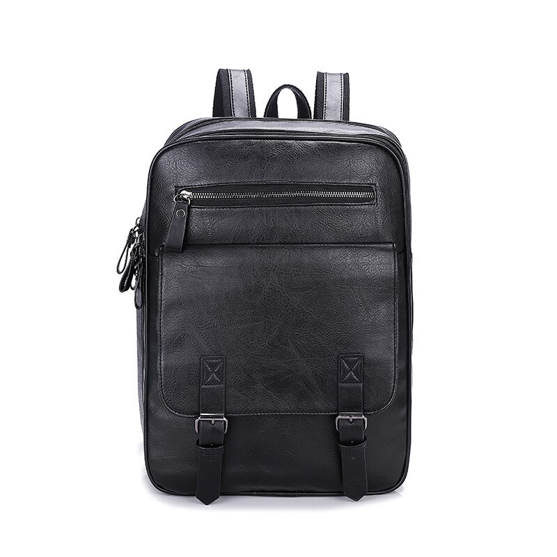 Black Vintage Hasp Zipper Backpack Men Solid Soft PU Leather Shoulder Bags Business Travel Large Capacity Daypack Male: Black