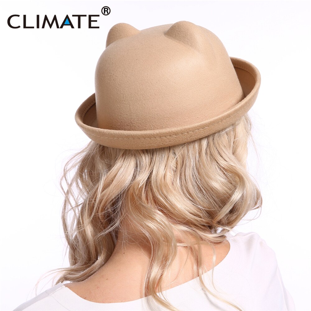 CLIMATE-Sombrero de fieltro con orejas de gato para mujer, sombrero de lana de poliéster, bonito, a la