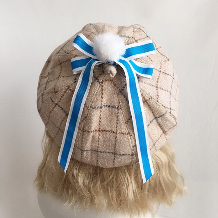 Japansk søt nydelig ull rutete åttekantet kuppel lue retro lolita beret søt høst vinter myk jente gresskar cap maler lue: 03