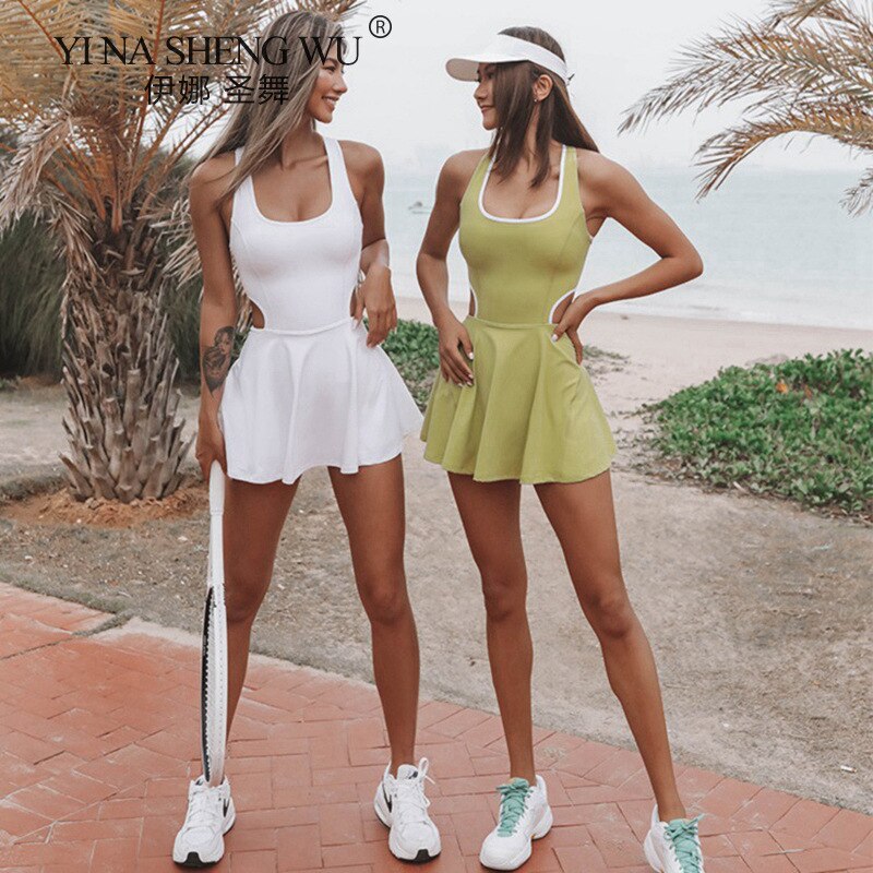 Naadloze Yoga Jumpsuit Sets Vrouwen Mouwloze Gym Kleding Tennis Korte Rok Yoga Set Met Padded Sport Panty Rompertjes Fitness