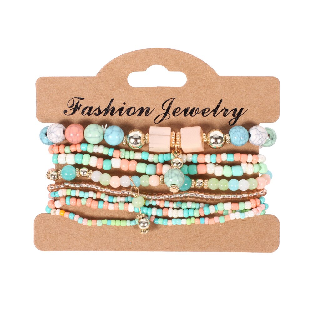 Conjunto de pulsera de cuentas bohemias hechas a mano para mujer, brazalete de cadena con cuentas coloridas de verano, accesorios de joyería Bohemia para niñas: Estampado en caliente