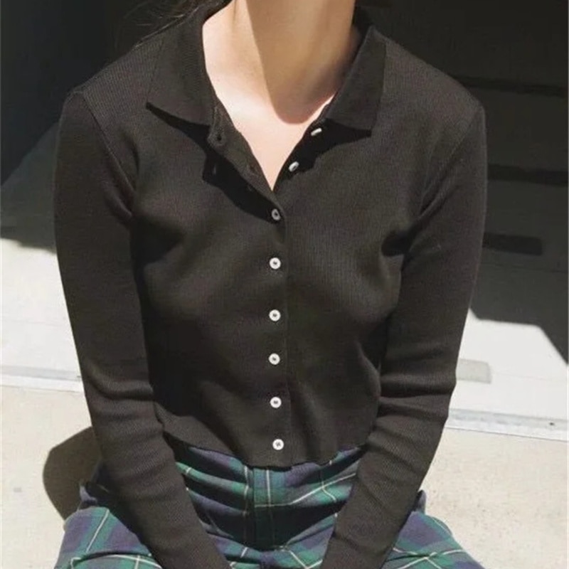 Polo liso de manga larga para mujer, camiseta ajustada acanalada de algodón, con botones, para chica, gris, negro y blanco