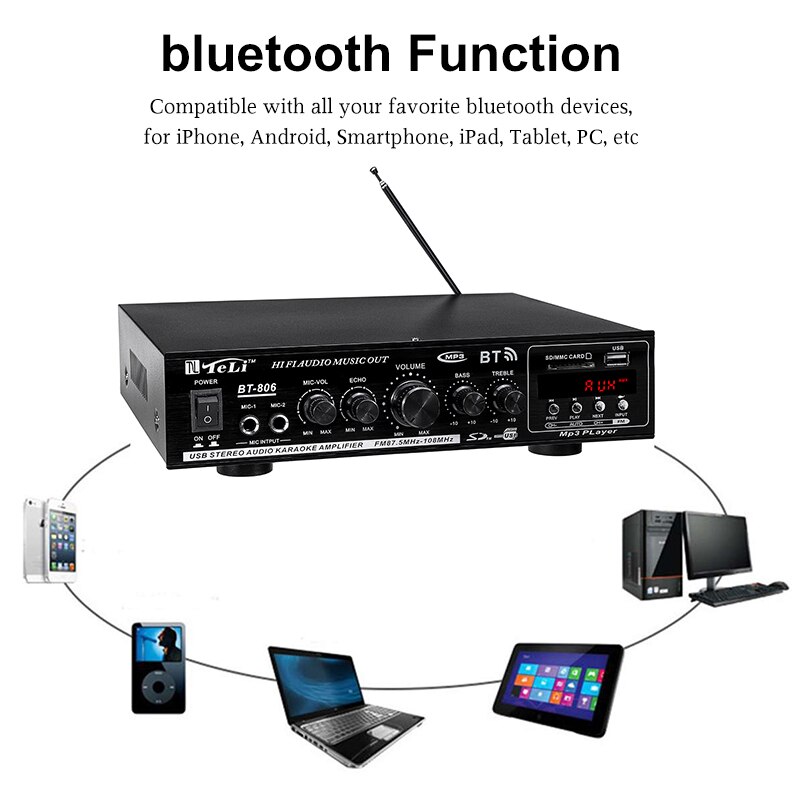 Wireless bluetooth Power Amplifier Dual Channel Sound Audio Stereo Receiver USB SD AUX MIC FM Radio DC12V/AC220V For Home/Car