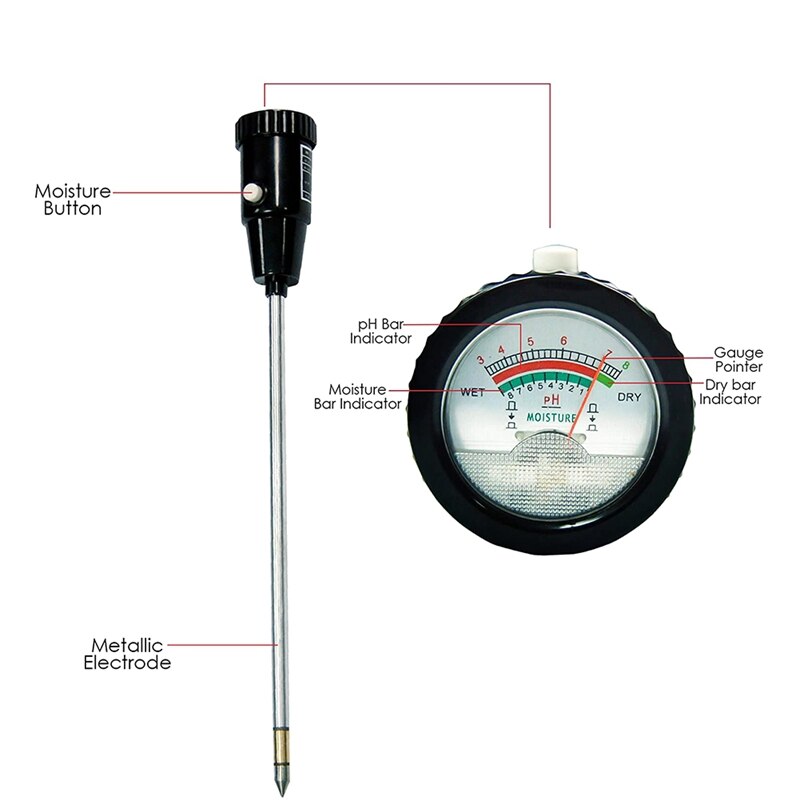 Soil PH &amp; Moisture Tester Meter With Long Electrode Probe Waterproof Soil Tester Kit Tools For Indoor &amp; Outdoor