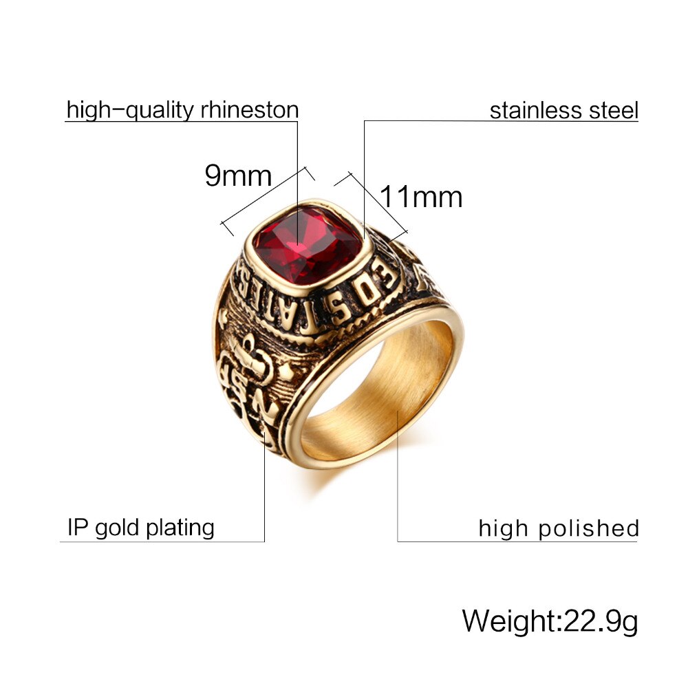 Vnox us navy ring til mænd guld farve rød sten veteran ring flag mærkat emblem