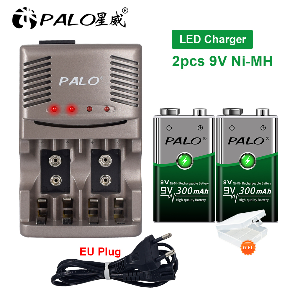 6F22 9V Ni-MH Rechargeable Battery +Smart 9v battery Charger with LED Indicator for 1.2v Nimh AA AAA Rechargeable Battery 9v: 2battery and charger