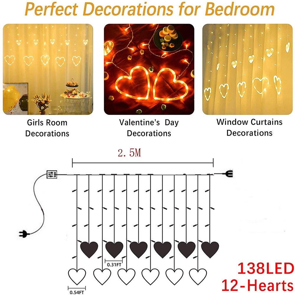 Guirlande lumineuse rideau en forme de cœur, 2.5m, lampe féerique, pour mariage, fête de noël, saint-valentin, décoration de jardin