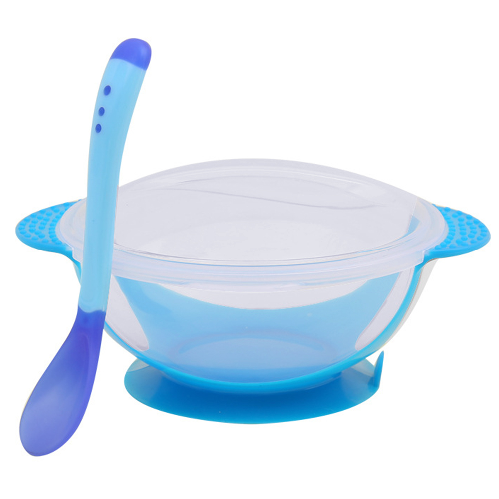 Barnas servise ris scoop trening bolle med temperaturfølsomme baby skjeer sugekopp boller kjøkken tilbehør til låve: Blå