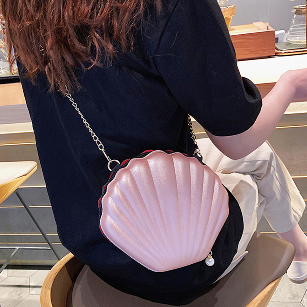 Kvinner budbringer shopping mini skulder søt crossbody bag fest metall kjede skallformet glidelås lukking paljetter